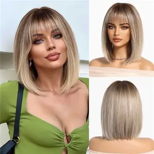 Professionelle Mehrfachansicht der blonden Ombré-Bob-Perücke mit Pony, Vorder- und Rückansicht.