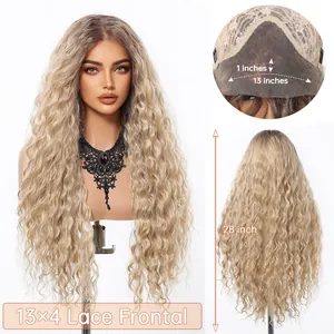 28-inch long wavy blonde synthetic wig featuring a 13x4 lace frontal cap structure