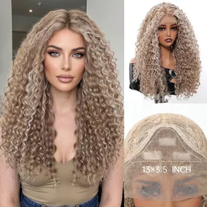 Close-up of the 13x3.5 inch lace front cap and long blonde curly synthetic hair texture
