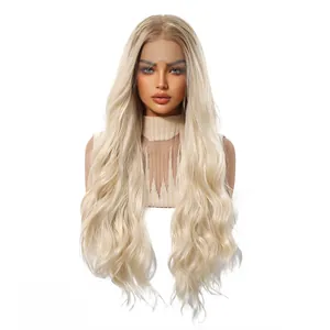 Detail of 13x4 lace front wig with long blonde wavy hair and dark roots