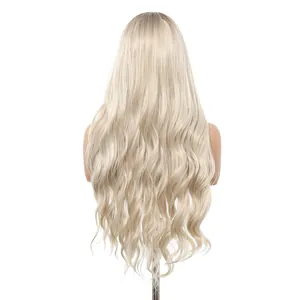 Macro view of platinum blonde long wavy lace front wig showing soft fiber texture