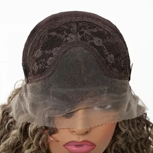 Close-up view of 13x4 lace frontal wig cap with realistic mesh detail and curly hair