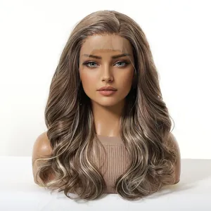 Front view detail of a long wavy brown highlighted lace front wig on a mannequin head