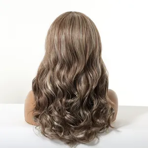 Back view of a long wavy highlighted brown wig with realistic hair texture