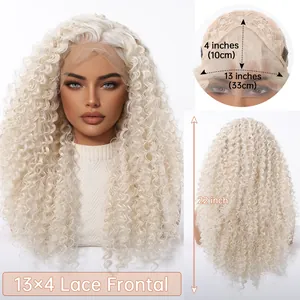 Detail view of 22-inch long curly blonde 13x4 lace frontal wig with cap construction