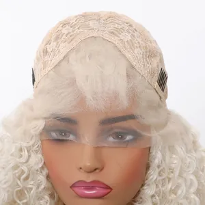 Close-up of 13x4 lace front wig cap construction showing mesh detail and curly blonde hair.