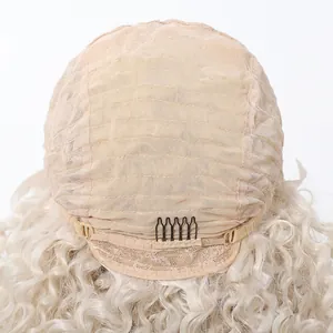Detailed view of breathable 13x4 lace wig cap with blonde curls and internal clips.
