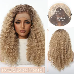 Detailed view of the 13x3.5 lace frontal area and 22-inch honey blonde curly hair wig