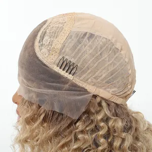Close-up detail of the 13x4 lace front wig cap internal structure and blonde curly hair
