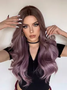 Detail view of long wavy ombre hair wig featuring brown to purple color transition