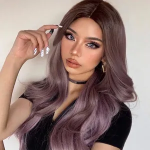 Elegant long wavy purple gradient wig with a natural middle part style for women