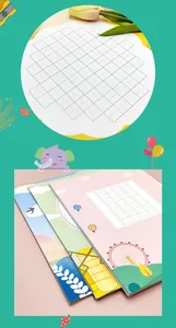 Close-up of Chinese character practice grid and colorful cartoon calligraphy paper sheets