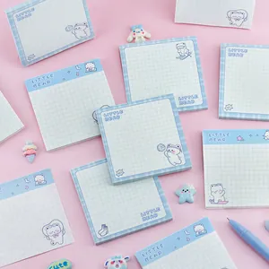 Schattige Kleine Beer Blauw Raster Plaknotities Vierkant Notitieblok Cartoon Dier Patroon Briefpapier Voor School Kantoor Bericht Opname
