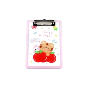 Cute pink acrylic clipboard featuring a cartoon tiger on red apples with metal clip