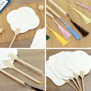 Handmade DIY blank bamboo round paper fans with colorful silk tassels for painting