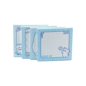 Set of 4 cute white bear non-sticky memo pads with blue checkered border