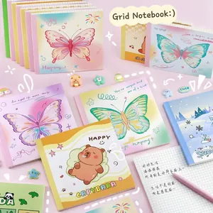 Cute Cartoon Butterfly Panda Capybara Pattern Grid Notebook Softcover Journal Memo Pad For Students School Office Recording
