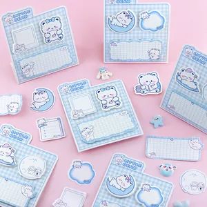 Kawaii blue bear themed sticky note set with plaid background for study
