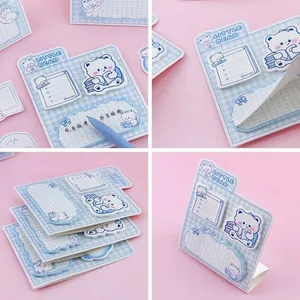 Cute Little Bear sticky notes set with grid pattern, bear illustrations and blue accents