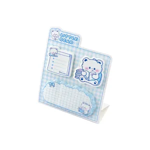 Kawaii blue bear sticky notes set with checklist and grid patterns for students