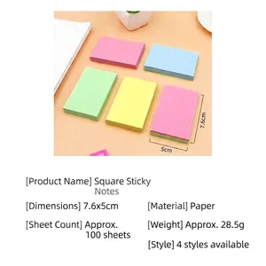Colorful rectangular sticky notes set with dimensions and detailed product specifications