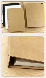 Detalle de cerca de una carpeta de papel kraft A5 gruesa con varias páginas interiores.