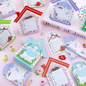 Schattige creatieve huisvormige plaknotities met vrolijke cartoonillustraties en lijst