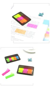 Detailed macro view of colorful fluorescent pop-up index tabs in a portable black storage case