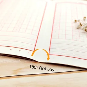Close-up of a calligraphy practice notebook with Mi Zi Ge grids showing 180-degree flat lay