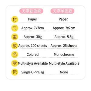 Specification chart for heart-shaped sticky notes showing size, weight, and quantity comparison.