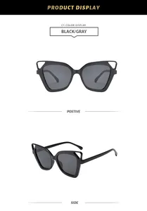 Front and side views of fashion hollow cat ear oversized black sunglasses.