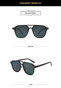 Vorder- und Seitenansicht der schwarzen Retro-Aviator-Sonnenbrille mit grauen Gläsern.