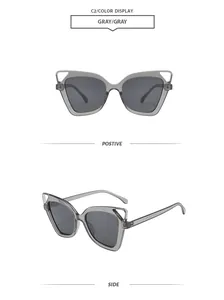 Detailed side and front view of grey cat-eye sunglasses with unique hollow frame design