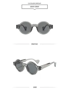 Vues détaillée de face et de profil de lunettes de soleil steampunk grises à monture ronde