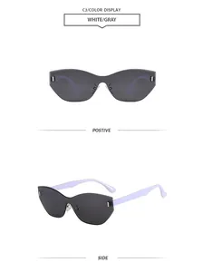 Detailansicht von vorne und der Seite einer randlosen Polygon-Sonnenbrille in Grau
