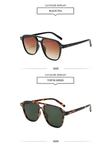 Detailansicht der Retro-Doppelbrücken-Pilotensonnenbrille in Schwarz und Schildpatt