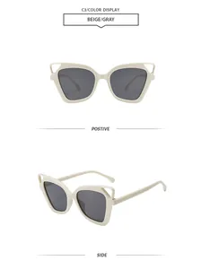 Front and side views of trendy beige hollow cat-ear sunglasses with gray lenses.
