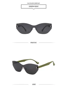 Detailansicht der rahmenlosen polygonalen Sonnenbrille mit grünen Bügeln und grauen Gläsern