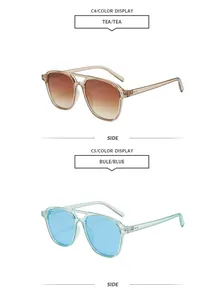 Detailansicht der Retro-Pilotenbrille in den Farben Teebraun und Kristallblau.