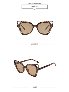 Detailed front and side views of stylish tortoiseshell cat-ear sunglasses with tea lenses