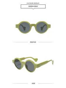 Vue détaillée de lunettes de soleil rondes steampunk vertes avec verres gris sous deux angles