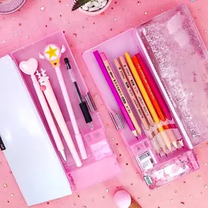 Estuche de arena movediza rosa creativo con almacenamiento multifuncional y bolígrafos