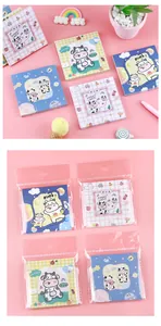 Close-up detail of cute cow cartoon sticky notes showing individual OPP bag packaging