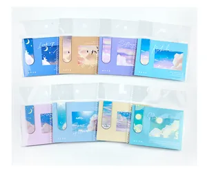 Detail view of various starry sky oil painting magnetic bookmarks in clear packaging