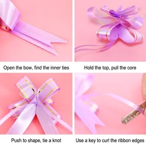 Step-by-step tutorial for purple gold-edged pull flower ribbon to create butterfly bow