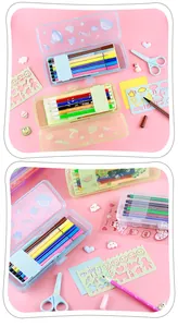 Creative cartoon plastic pencil case set featuring colored markers and drawing stencils