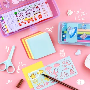 Creative cartoon stationery set with pencil cases, markers, and drawing stencils for kids