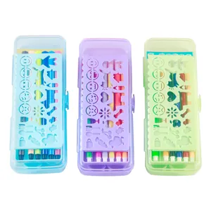 Creative cartoon stationery set with drawing stencils and colored markers in pastel cases