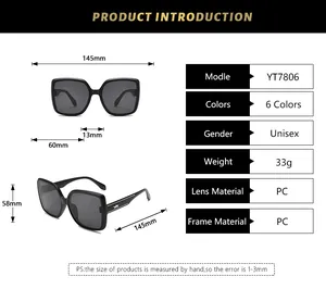 Spécifications détaillées des lunettes de soleil rétro à monture large avec dimensions.