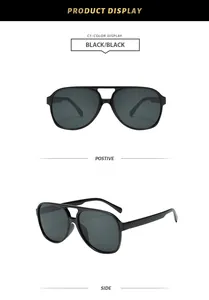 Lunettes de soleil aviateur noires à double pont avec vues de face et de profil détaillées